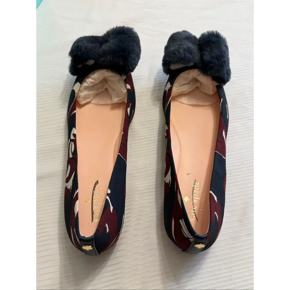 kate spade‎ Navy Floral Fur Bow Flats